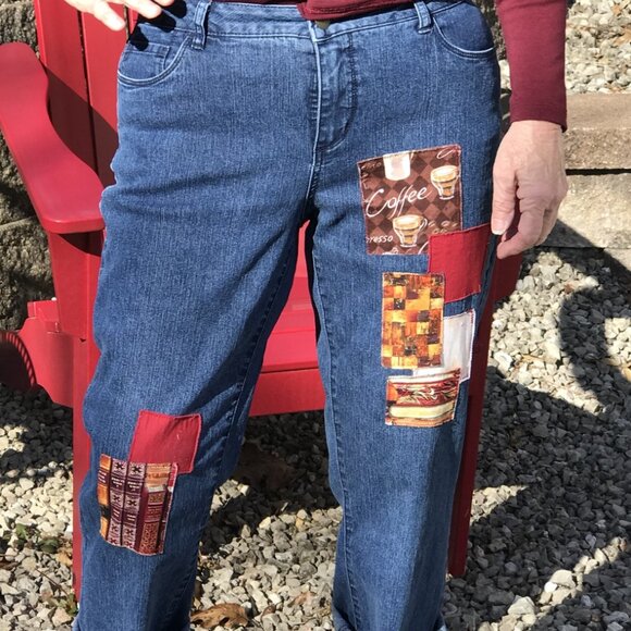 Upcycled Coldwater Creek Cropped Jeans, Coffee Books Theme Capris, Size 10 - Picture 5 of 10
